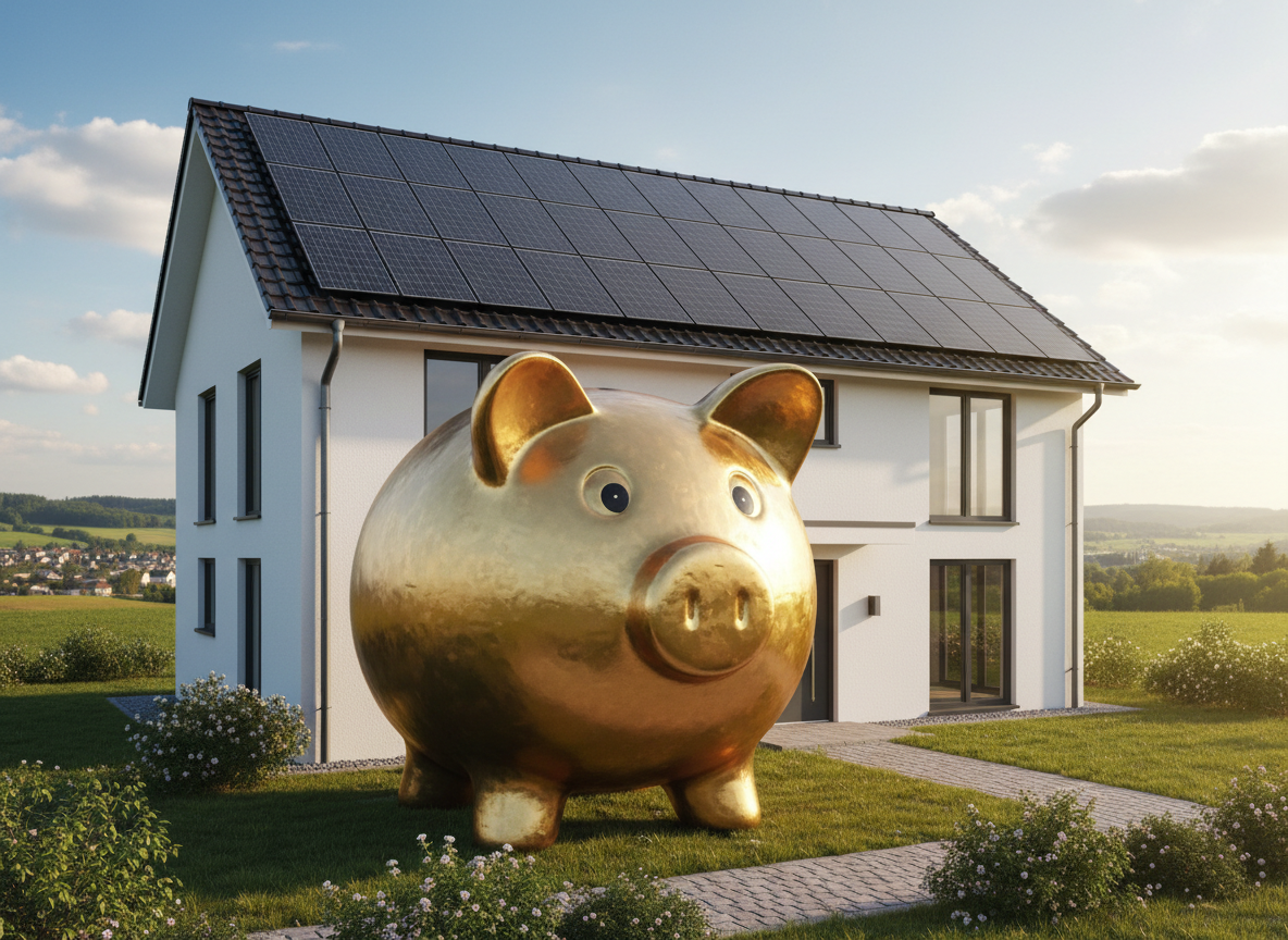 Großes, goldenes Sparschwein vor einem Haus mit Photovoltaikanlage.