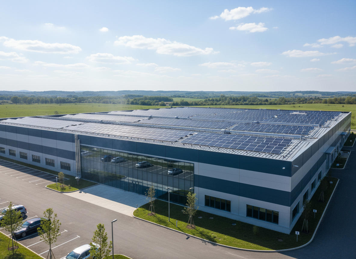 Gewerbe mit Photovoltaikanlage und Gewerbespeicher.
