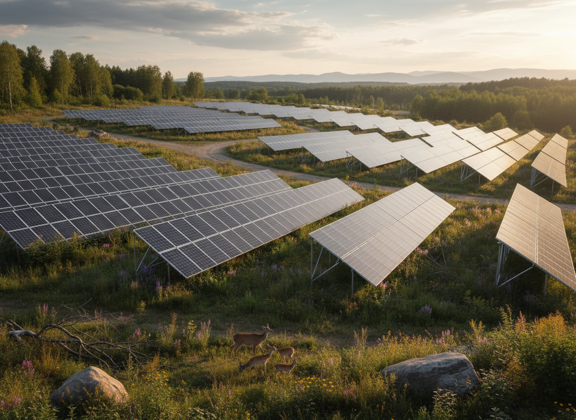 Freiflächen-PV Anlage auf einer Wiese.
