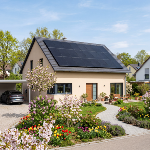 Haus mit einer Photovoltaikanlage im Frühling.