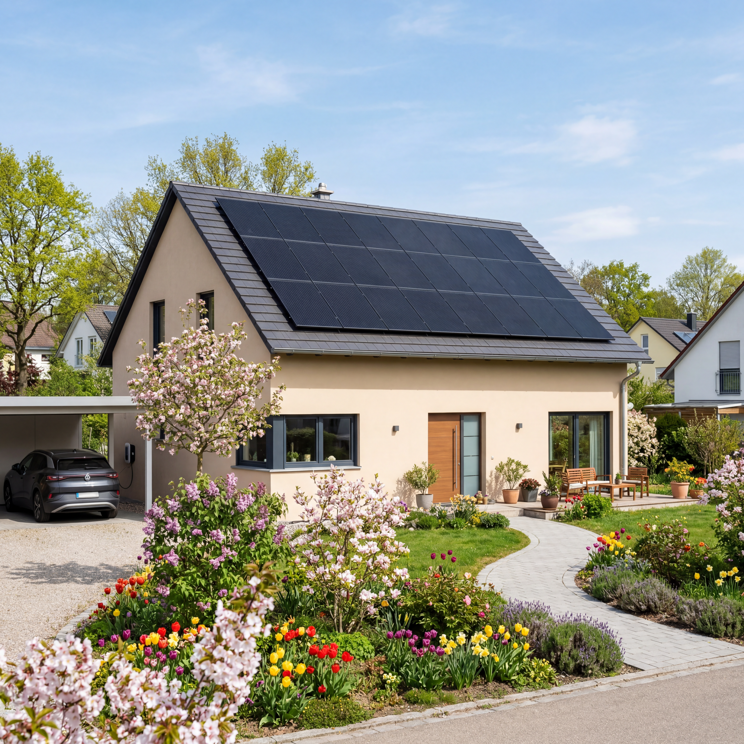 Haus mit einer Photovoltaikanlage im Frühling.