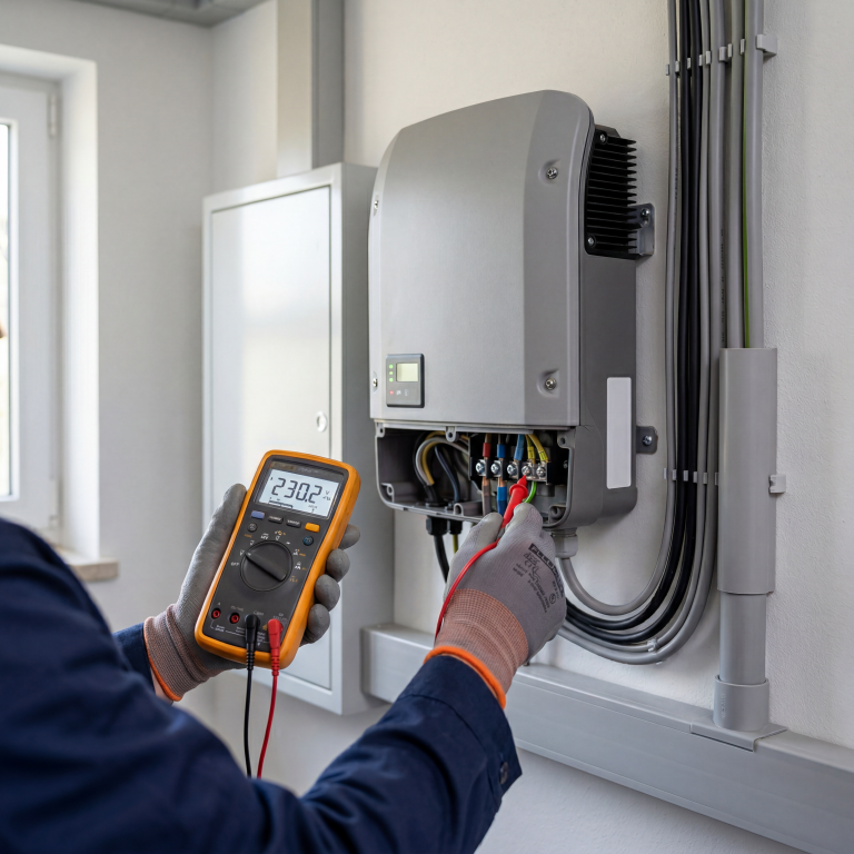 PV-Gutachter bei einer Messung an einem Wechselrichter.