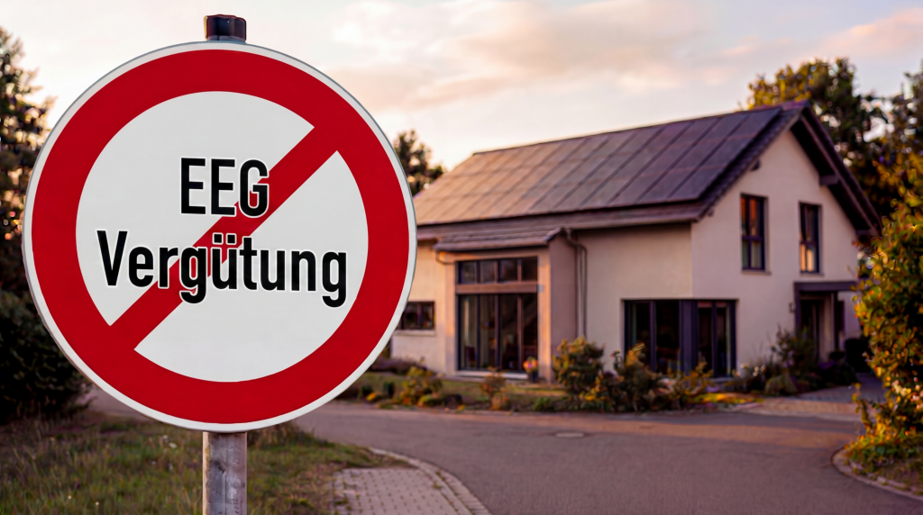 Gestrichene EEG-Umlage auf Schild vor einem Wohnhaus.